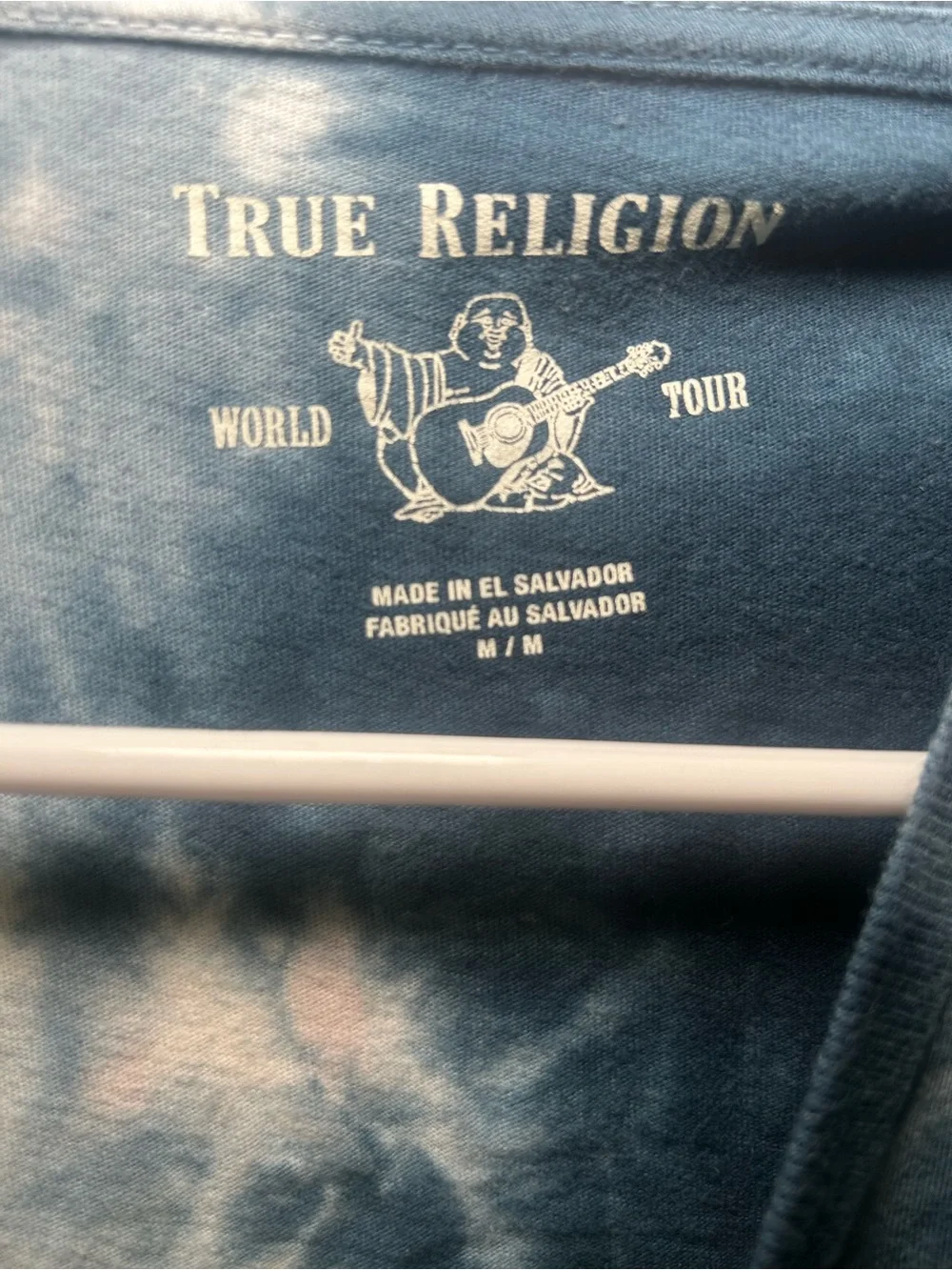 True Religion Blue and White Tie-Dye Buddha Graphic Tee Short Sleeve Urban Mediu